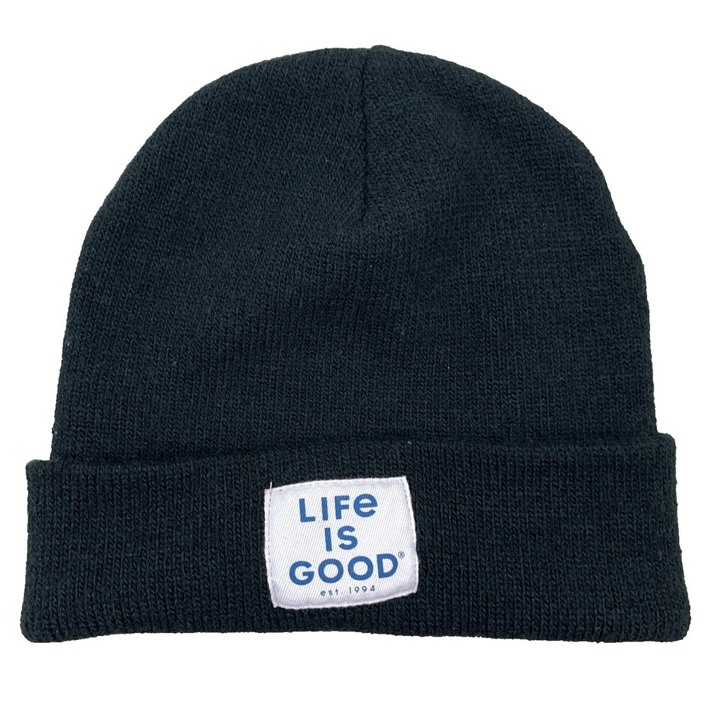 Life Is Good Beanie Hat Cap Toboggan Cuffed Knit‎ Black Patch Basic Adult